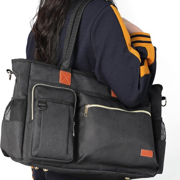 Water-Resistant Black Large Tote Bag for Women, Multiple Compartments, Fits 17-I - Picture 4 of 8